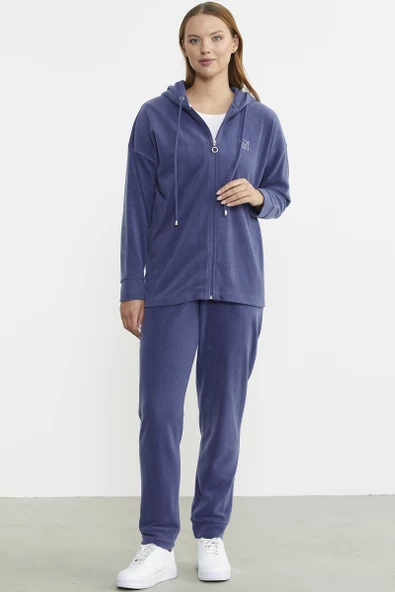 Kapüşonlu Polar Tunik Eşofman Takım - Indigo