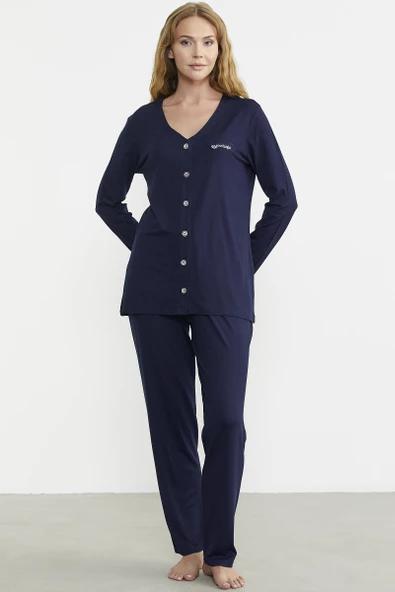 Önden Düğmeli Rahat Kalıp Pijama Takım - Lacivert - 4