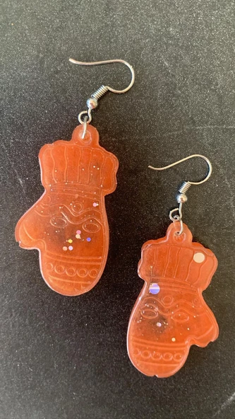 Turuncu Renk Gümüş Simli Glitterli Eldiven Epoksi Küpe Handmade El Yapımı Hediyelik - Resim 6