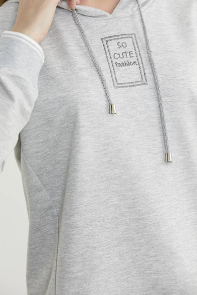 Kapüşonlu Etek Ucu Örme Detaylı Eşofman Takım - Gri - Resim 5