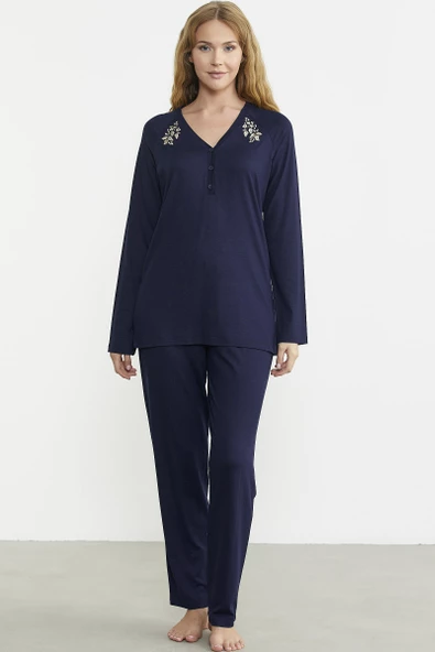 Nakış Detaylı  Düğmeli Pijama Takım - Lacivert - Resim 2
