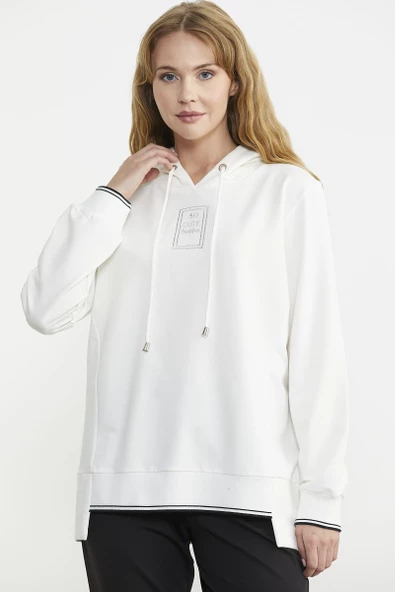 Kapüşonlu Etek Ucu Örme Detaylı Eşofman Takım - Ekru - Resim 3