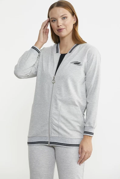 Fermuarlı  Örme Kombinli Eşofman Takım - Gri - Resim 5