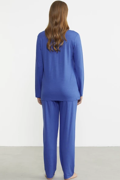 Önden Düğmeli Rahat Kalıp Pijama Takım - Saks - 6