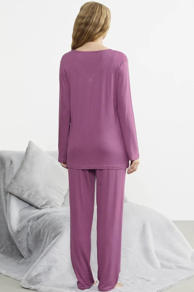 Önden Düğmeli Rahat Kalıp Pijama Takım - Gül - 6
