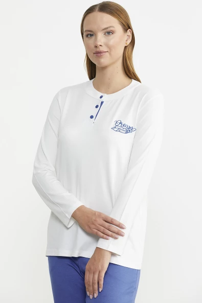 Patlı Düğmeli Desen Kombinli Pijama Takım - Mavi - 3
