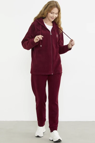 Kapüşonlu Polar Tunik Eşofman Takım - Bordo - Resim 3
