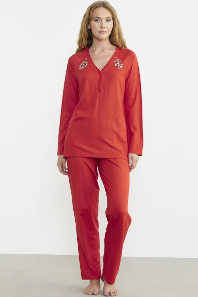 Nakış Detaylı  Düğmeli Pijama Takım - Mercan - 2