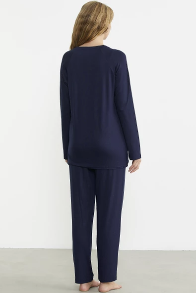 Nakış Detaylı  Düğmeli Pijama Takım - Lacivert - Resim 6