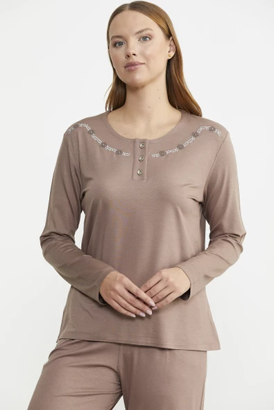 Sıfır Yaka Düğmeli Pijama Takım - Koyu Vizon - 2