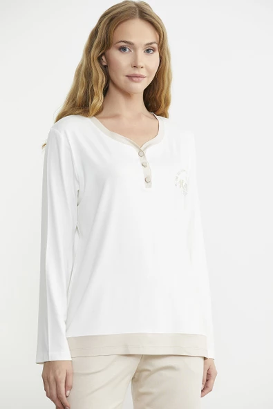 Renk Geçişli Rahat Kalıp Pijama Takım - Vizon - 5