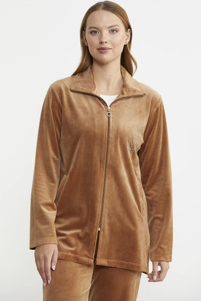 Fermuarlı Kadife Tunik Eşofman Takım - Vizon - Resim 4