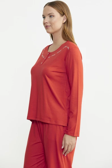 Sıfır Yaka Düğmeli Pijama Takım - Mercan - 6