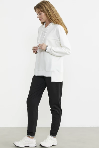 Kapüşonlu Etek Ucu Örme Detaylı Eşofman Takım - Ekru - Resim 4