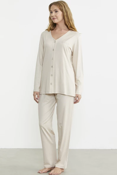 Önden Düğmeli Rahat Kalıp Pijama Takım - Bej - Resim 5