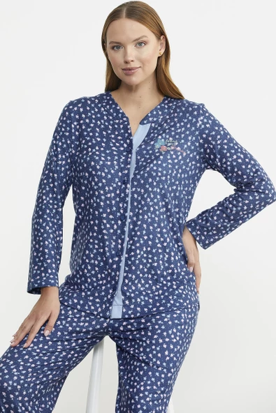 Yumoş Düğmeli Uzun Kol Pijama Takım - Mavi - 5