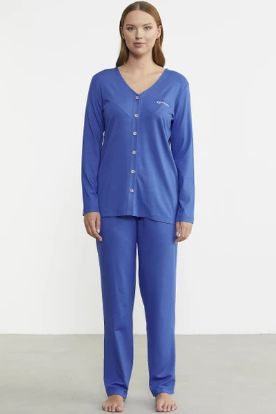 Önden Düğmeli Rahat Kalıp Pijama Takım - Saks - 2