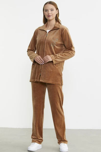 Fermuarlı Kadife Tunik Eşofman Takım - Vizon ürün görseli 1