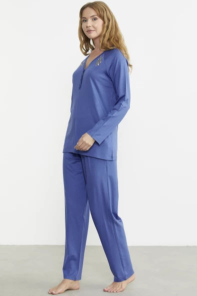 Nakış Detaylı  Düğmeli Pijama Takım - Mavi - 5