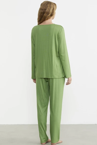 Düğme Kapamalı Rahat Kalıp Pijama Takım - Yeşil - Resim 6