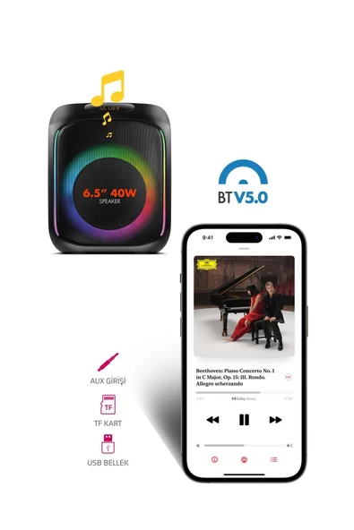 Powerway MIO Taşınabilir Mikrofonlu 40 W Parti Karaoke Kumandalı Bluetooth Hoparlör Led Işıklı - 4