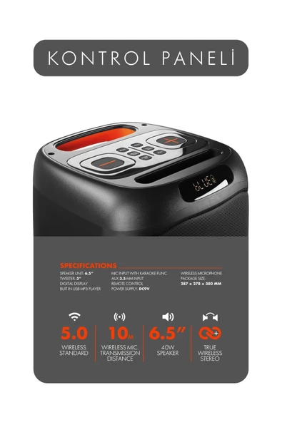 Powerway MIO Taşınabilir Mikrofonlu 40 W Parti Karaoke Kumandalı Bluetooth Hoparlör Led Işıklı - 3