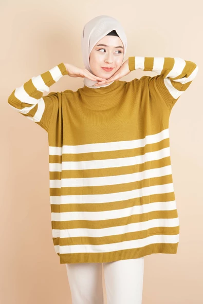 Yarım Balıkçı Yaka Tesettür Çizgili Tunik Kazak Yağ Yeşili - 4