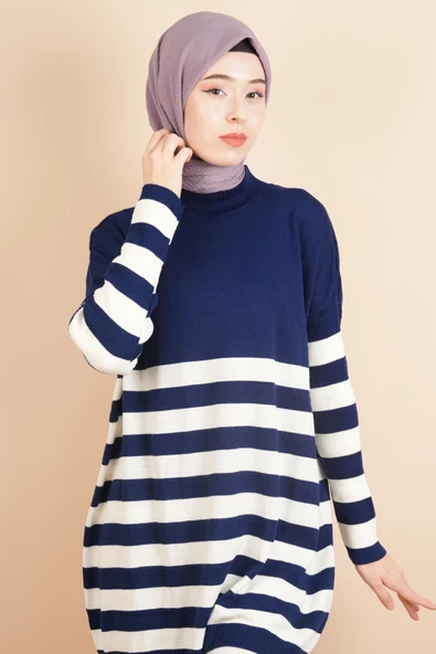 Yarım Balıkçı Yaka Tesettür Çizgili Tunik Kazak Lacivert - 4