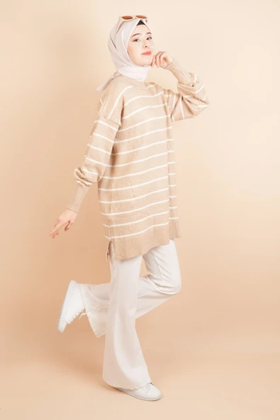 İnce Çizgili Yumuşak Bisiklet Yaka Tunik Kazak Bej - 2