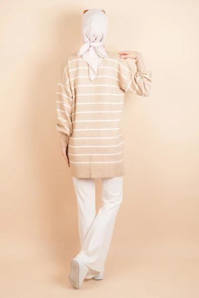 İnce Çizgili Yumuşak Bisiklet Yaka Tunik Kazak Bej - 3