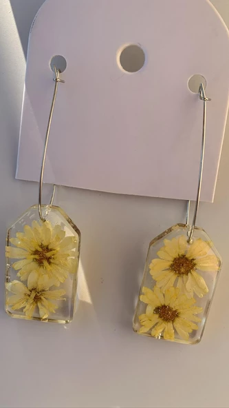 Kurutulmuş Sarı Papatya İle Süslenmiş Kare Çerçeve Şekil Gümüş Aksesuarlı Küpe Epoksi El Yapımı - 5