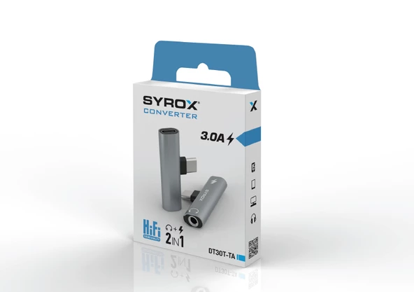Syrox DT30T-TA Maxi Type-C - 1xType-C + 1x3.5mm AUX Ses ve Şarj Ayırıcı Dönüştürücü - Gri - Resim 2