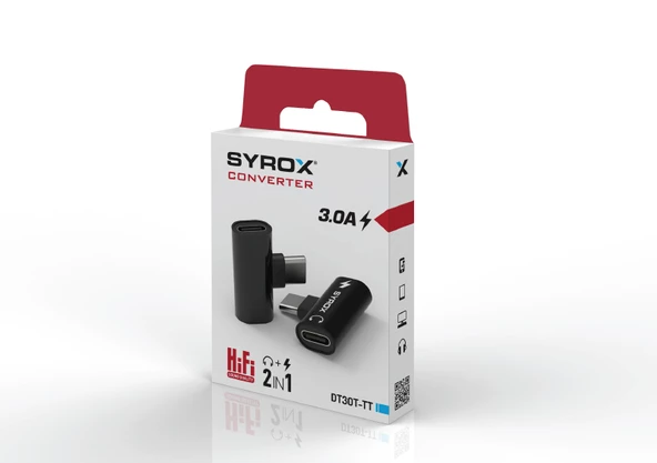 Syrox DT30T-TT Type-C - 2xType-C Mini Ses ve Şarj Ayırıcı Dönüştürücü - Siyah - 2