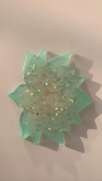 Turkuaz Rengi Lotus Çiçeği Desenli Gümüş Glitter Süslemeli Bardak Altlığı El Yapımı Epoksi Hediyelik - 7