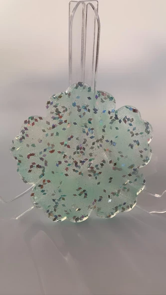 Turkuaz Rengi Üzerine Gümüş  Glitter Süslemeli Bardak Altlığı Çiçek Desen El Yapımı Epoksi Hediyelik - 4