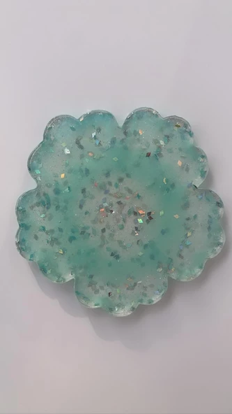 Turkuaz Rengi Üzerine Gümüş  Glitter Süslemeli Bardak Altlığı Çiçek Desen El Yapımı Epoksi Hediyelik - 7