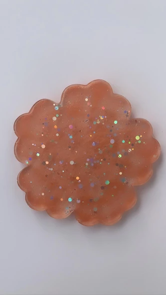 Turuncu Renkli Gümüş Glitter Süslemeli Bardak Altlığı Çiçek Desen El Yapımı Epoksi Hediyelik - 8