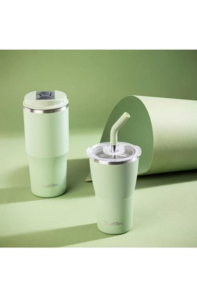 Tantitoni YEŞİL 2 KAPAKLI ÇİFT KATMANLI TERMOS BARDAK 410ML - 2
