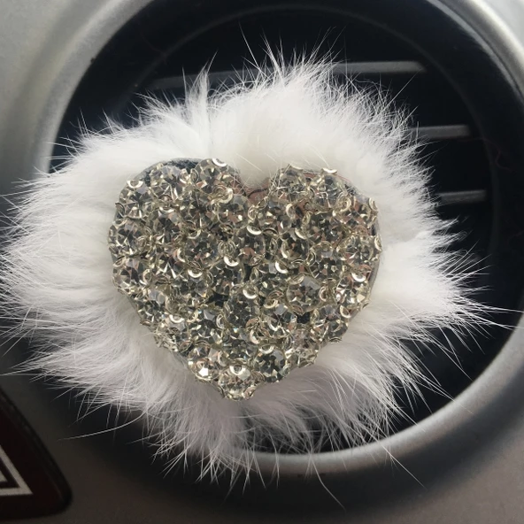 Kalpli Kristal Taşlı Havalandırma Klips Oto Kokusu Gümüş Beyaz Tüylü