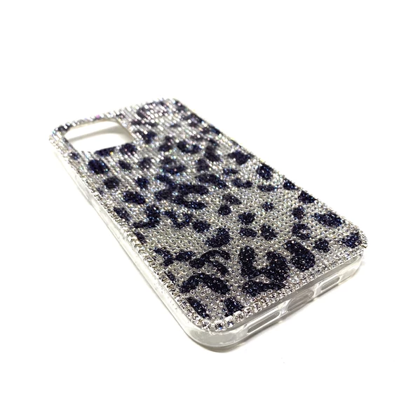iPhone 12 Uyumlu Kristal Taşlı Şeffaf Telefon Kılıfı Siyah Gümüş Leopar Desen