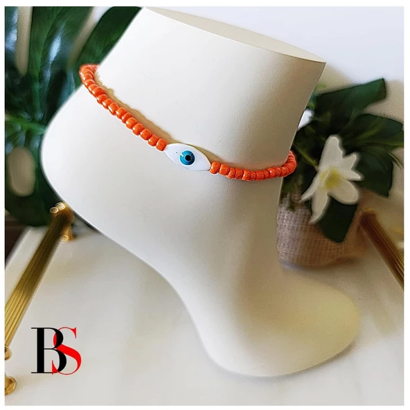 Turuncu Kesme Boncuk -  Sedef Nazar Boncuğu Kadın Halhal