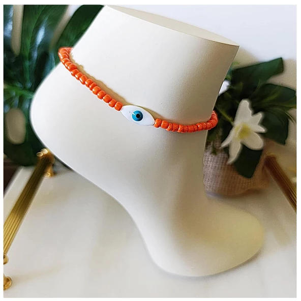 Turuncu Kesme Boncuk -  Sedef Nazar Boncuğu Kadın Halhal - 2