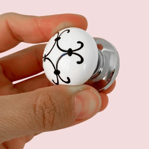 Defne Siyah Çizgili Beyaz Polimer Düğme Kulp Krom Tablalı Mobilya Mutfak Dolabı Çekmece Kulbu Kulpları - Resim 3