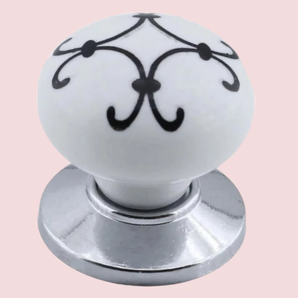 Defne Siyah Çizgili Beyaz Polimer Düğme Kulp Krom Tablalı Mobilya Mutfak Dolabı Çekmece Kulbu Kulpları - Resim 5