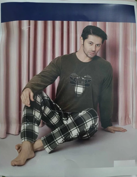 Sude Erkek Bisiklet Yaka Kışlık Polar Pijama Takımı A100/71 - 1 Adet  XL Haki - Resim 3