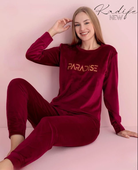 Pijamerry Kadın Kışlık Bisiklet Yaka Kadife Pijama Takımı 3017B - 1 Adet  Bordo S