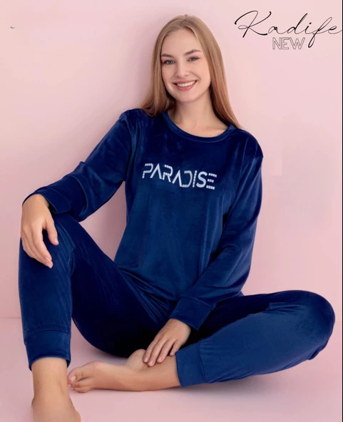 Pijamerry Kadın Kışlık Bisiklet Yaka Kadife Pijama Takımı 3017L - 1 Adet  L Lacivert
