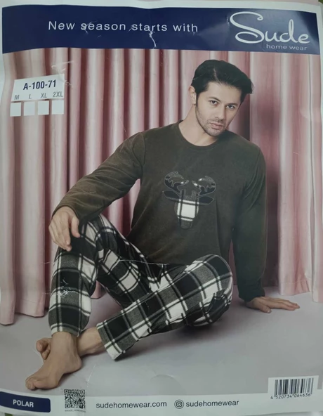 Sude Erkek Bisiklet Yaka Kışlık Polar Pijama Takımı A100/71 - 1 Adet  XL Haki - Resim 2
