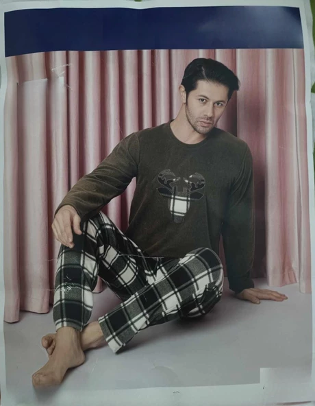 Sude Erkek Bisiklet Yaka Kışlık Polar Pijama Takımı A100/71 - 1 Adet  XL Haki