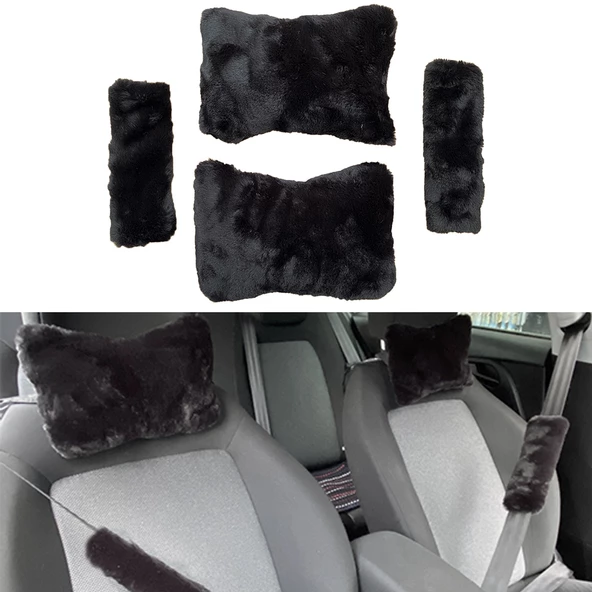 Peluş Ortopedik Araba Seyahat Boyun Yastığı Emniyet Kemer Pedi Seti Siyah